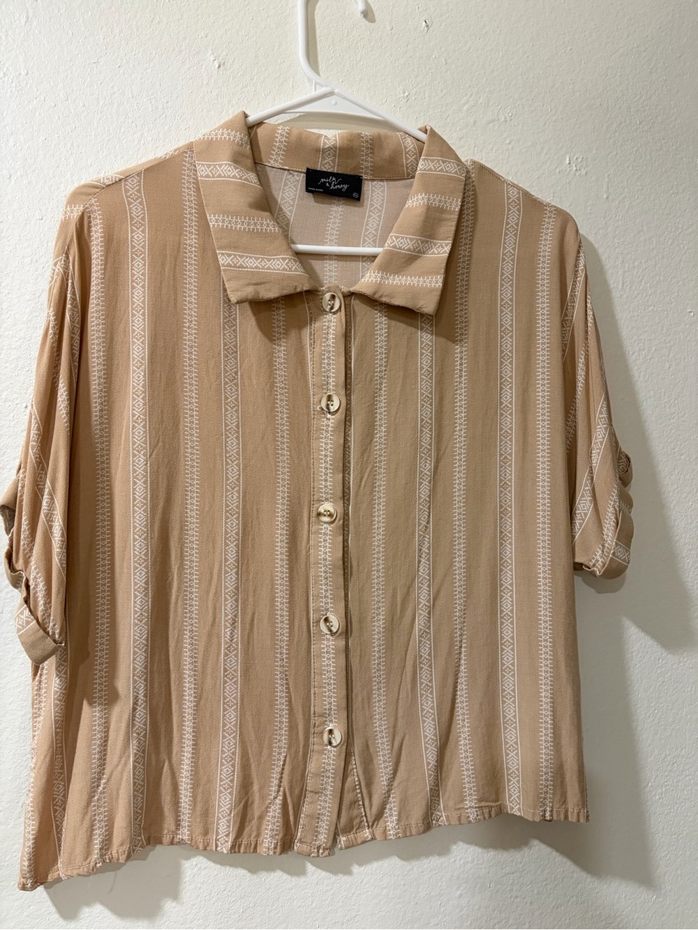 Light Tan Striped Button-Front Women’s Blouse